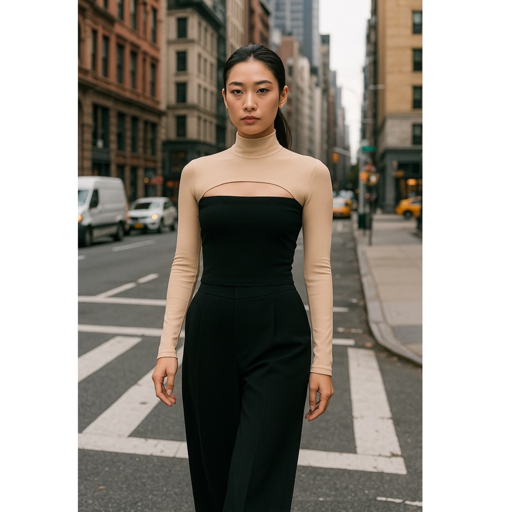 AWAKE MODE 90s Colorblock Crepe Long Sleeve Front‎ Cutout Cropped Turtleneck 6